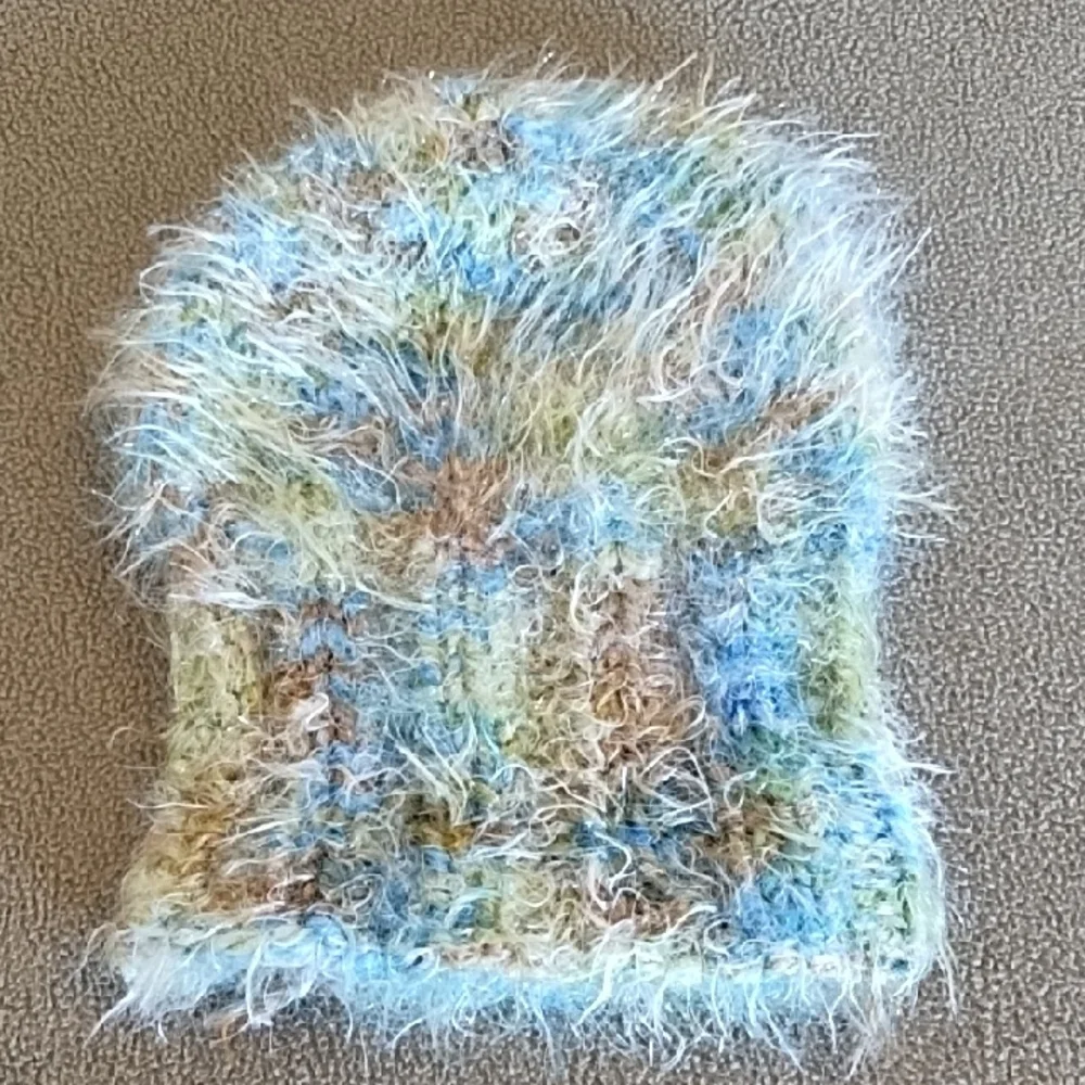 VTG 90s Eyelash Knit Fuzzy Beanie Boho Colorful Winter Hat Blue Green Brown